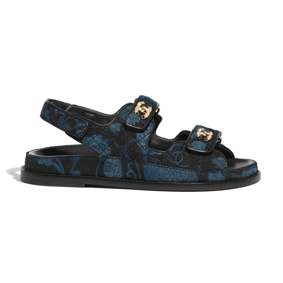 Chanel 21A Blue Black Grey Denim CC Logo Mule Slide Strap Flat Dad Sandal 38.5 - Picture 1 of 11